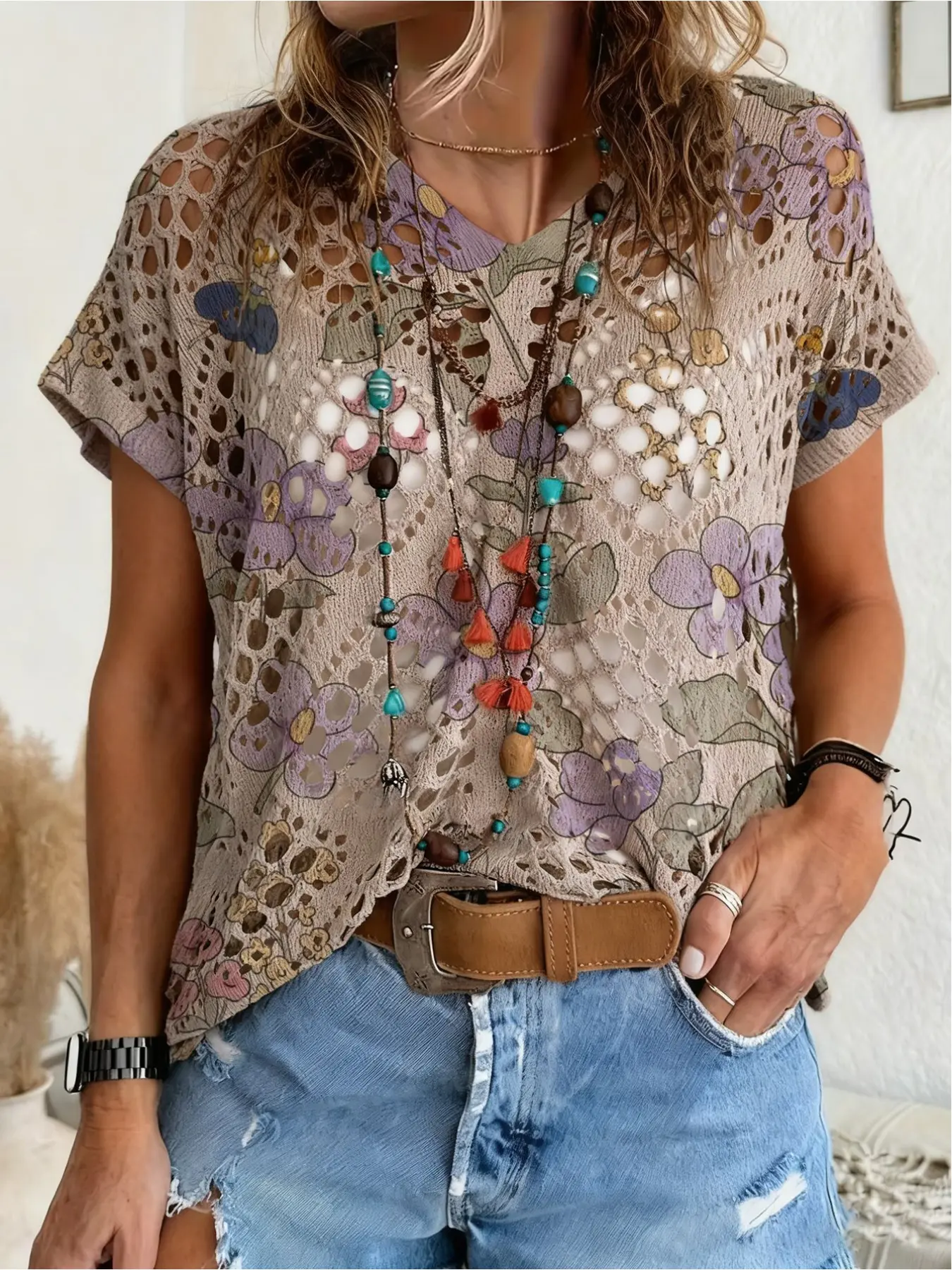 Spring/Summer style, V-neck diamond hollow-out loose batwing raglan short-sleeve cover-up, contrast color floral print women's knitted top, vacation style, casual for commute, Swimsuit Cover Up, Beach Cover Up, bikini cover-up, Swimwear coverups