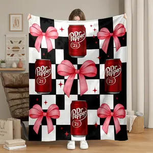 1pc Dr Pepper Cans Pink Bows Checkered Print Flannel Fleece Throw Blanket, Super Soft Plush Microfiber Warm Cozy Lightweight Anti-Pilling Blanket for Couch Bed Living Room Office, Adults Men Women, Flannel Fleece Blankets
