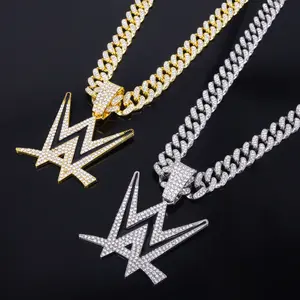 Miami Cuban Link Chain for Men, 20" Iced Out WWE Logo Pendant – Gold/Silver Bling Rhinestone Zinc Alloy Hip Hop Wrestling Jewelry