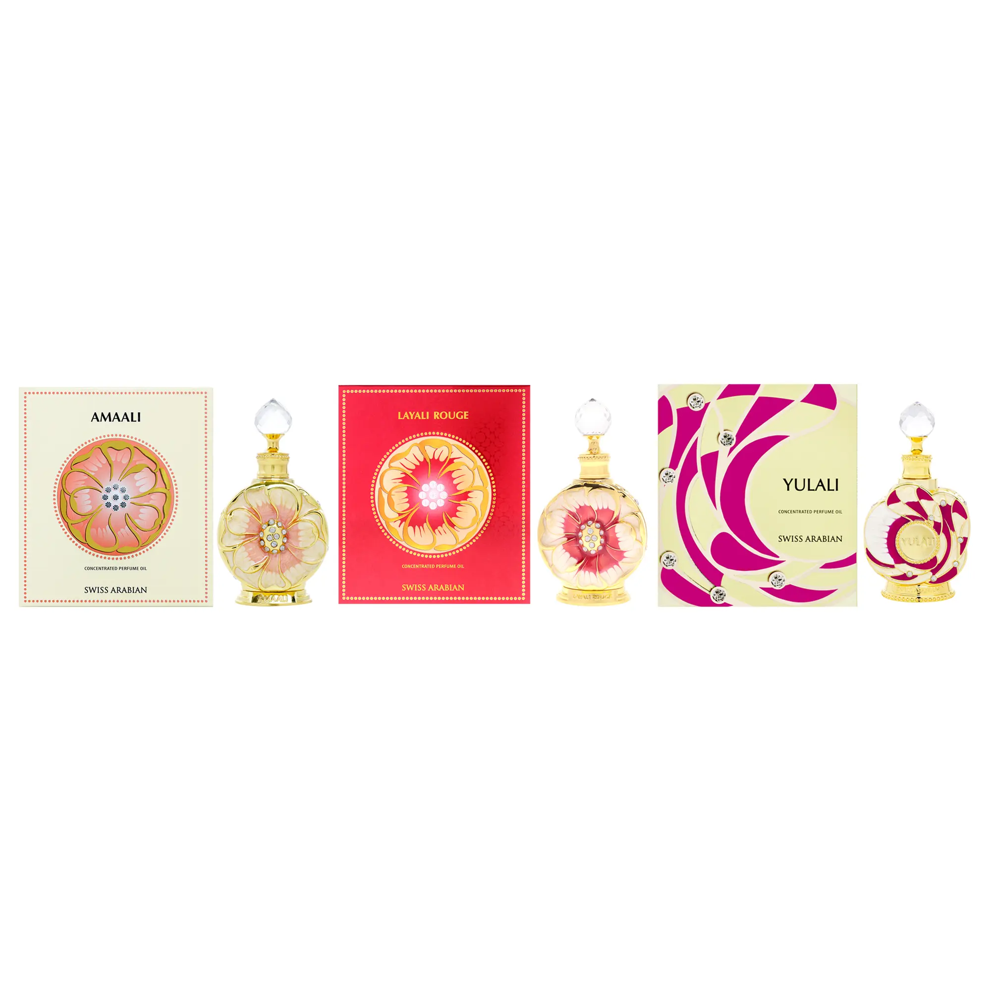 Triple Discovery Kit by Swiss Arabian for Women - 3 Pc Kit 0.5oz Layali Rouge Concentrated Perfume Oil, 0.5oz Amaali Concentrated Perfume Oil, 0.5oz Yulali Concentrated Perfume Oil
