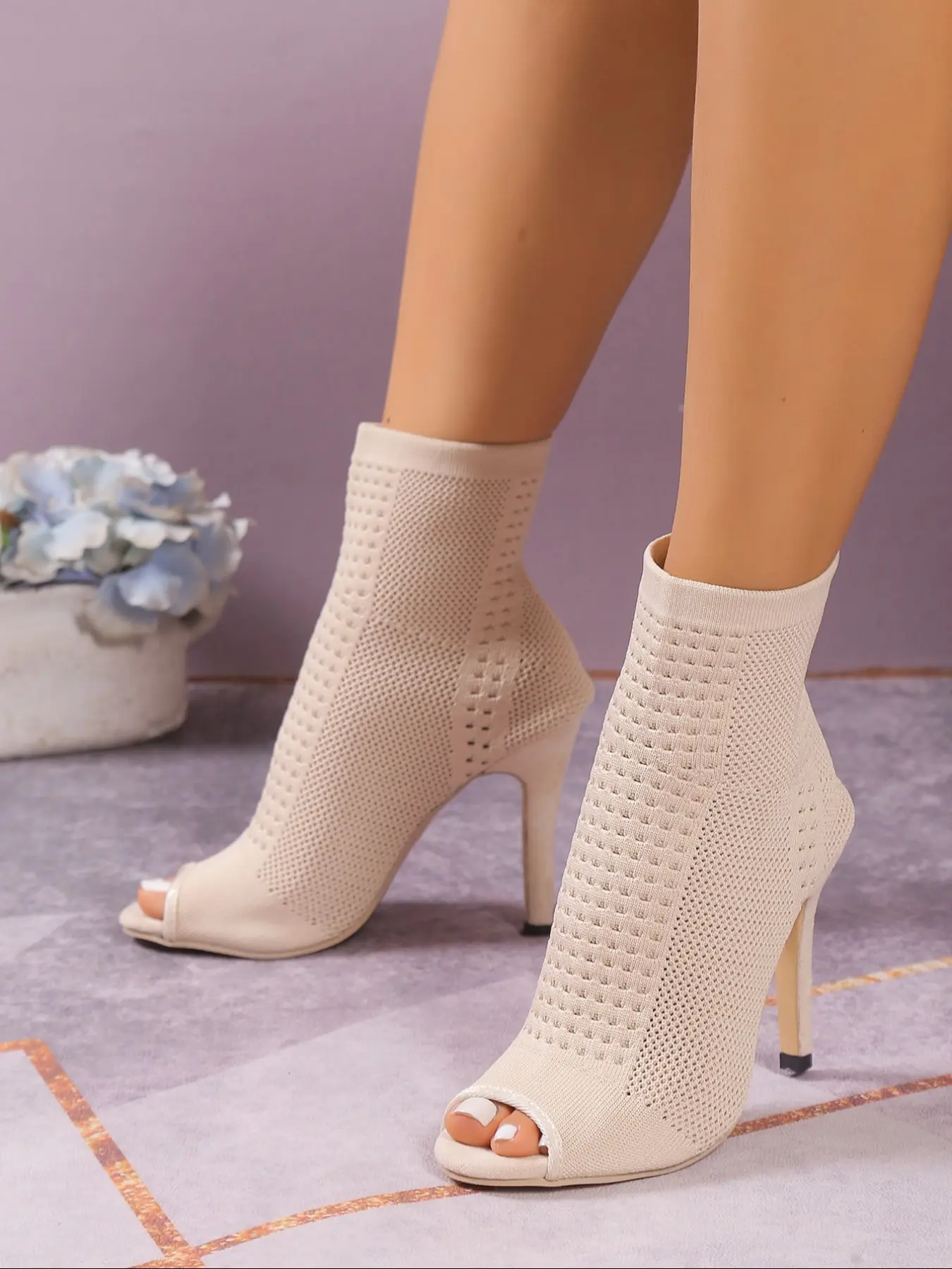 Women's High Heel Knitted Hollow Out Toe Christmas Boots, Socks Boots, Fine Heels for Date Night, Versatile Elastic Design, Fashionable New Arrival, Peep Toe Heeled Booties, Open Toe Bootie Boots Shoes