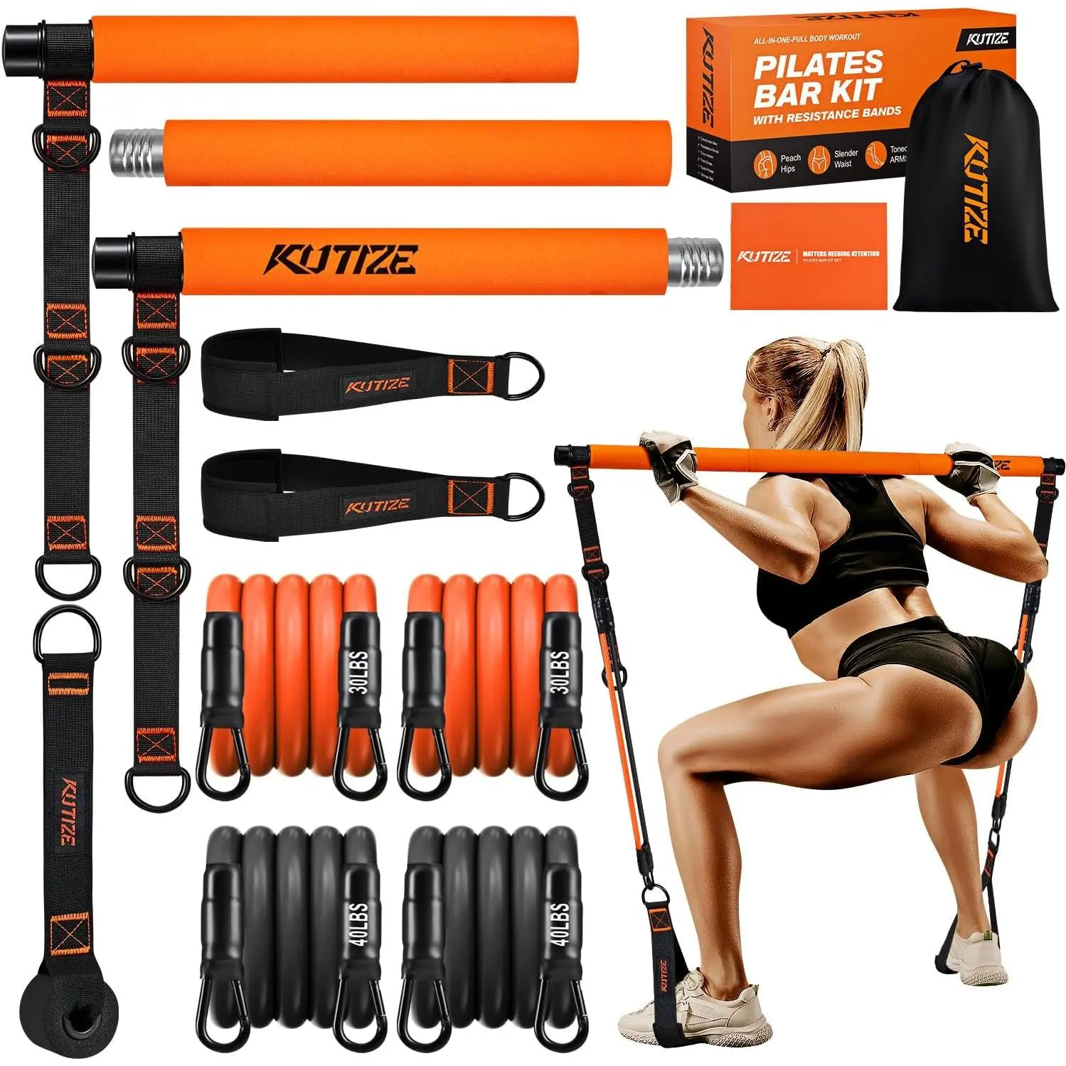 Pilates Bar Kit with Durable Elastic Fitness Training Bands, 3-Section Adjustable Stack 3 Band Sets for Leg, Hip, Waist, Arm Home Gym Exercise Equipment, Ideal Valentine's Day Gifts for Women, Durable Elastic Bands