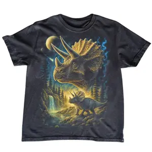Vintage Triceratops Dinosaur Graphic T-Shirt, 90s Graphic Tees, Vintage Moon Dino Top,Retro Prehistoric Gift, Gift For Man-  Unisex Menswear & Womenswear - Streetwear Tops - Casual Cotton Crewneck Shortsleeve Tshirt