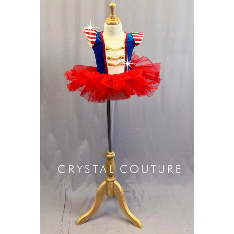Red, White, and Blue Marching Band Themed Velour Leotard with Tutu - Rhinestones