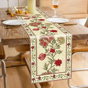 Vintage Floral Table Runner, Peony & Lily-Of-The-Valley Border, European Classical Style, Wedding Banquet & Afternoon Teas Decor, 70.8x13.8 Inches