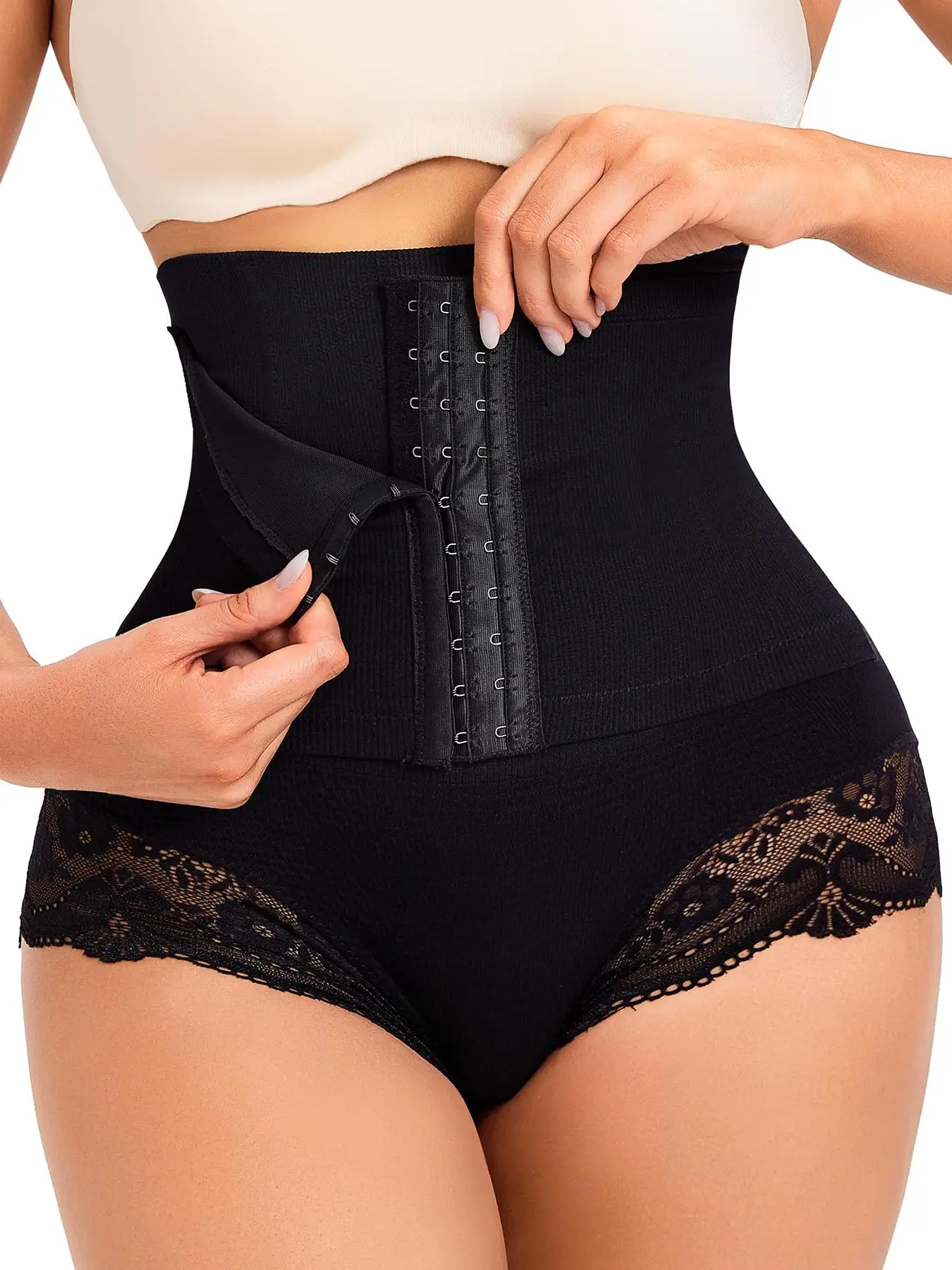 Women's High Waist Contrast Lace Shapewear Panty, Adjustable Hook & Eye Tummy Control Butt Lifting Shaper, Ladies Shapewear Bottom for All Seasons Underwear, High Stretch Girdle, High Waisted Shapewear, Womenswear