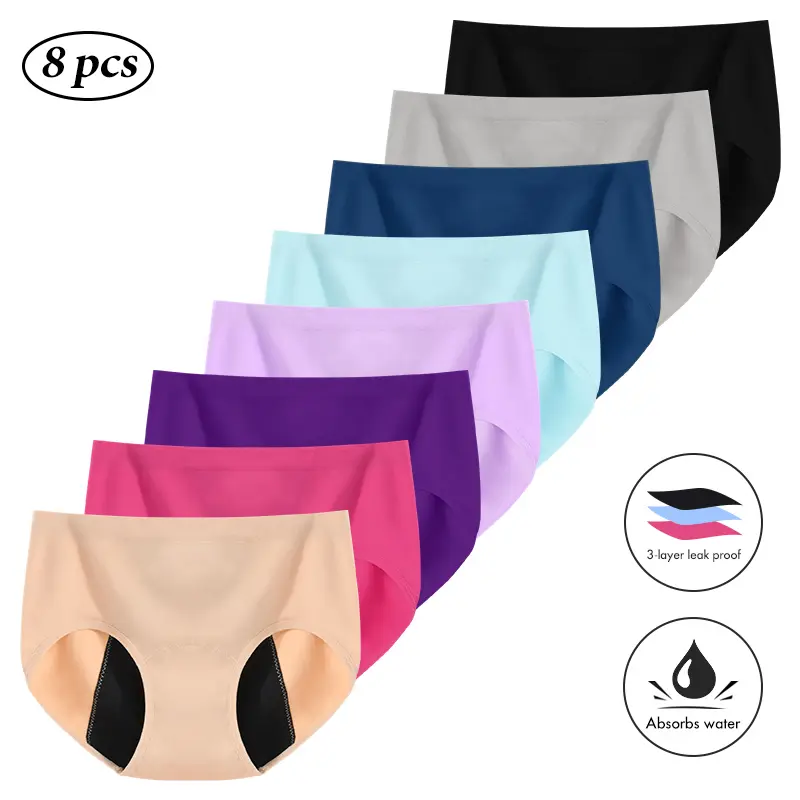 Women's Solid Period Panties Mid Waisted Menstrual Leak Proof Underwear Incontinence Protective Soft Postpartum Briefs Womenswear