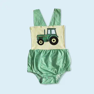 Farm tractor green plaid baby boy summer romper