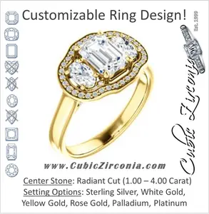 Cubic Zirconia Engagement Ring- The Nettie (Customizable Enhanced 3-stone Halo-Surrounded Design with Radiant Cut Center, Dual Oval Cut Accents, and Decorative Pavé-Accented Trellis)