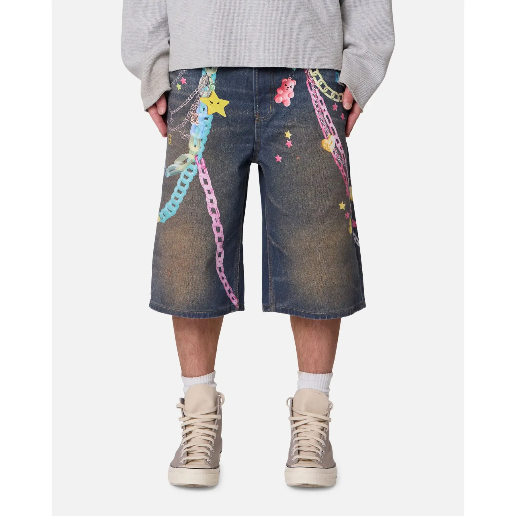 MNML Ultra Baggy Chain Printed Denim Shorts Blue