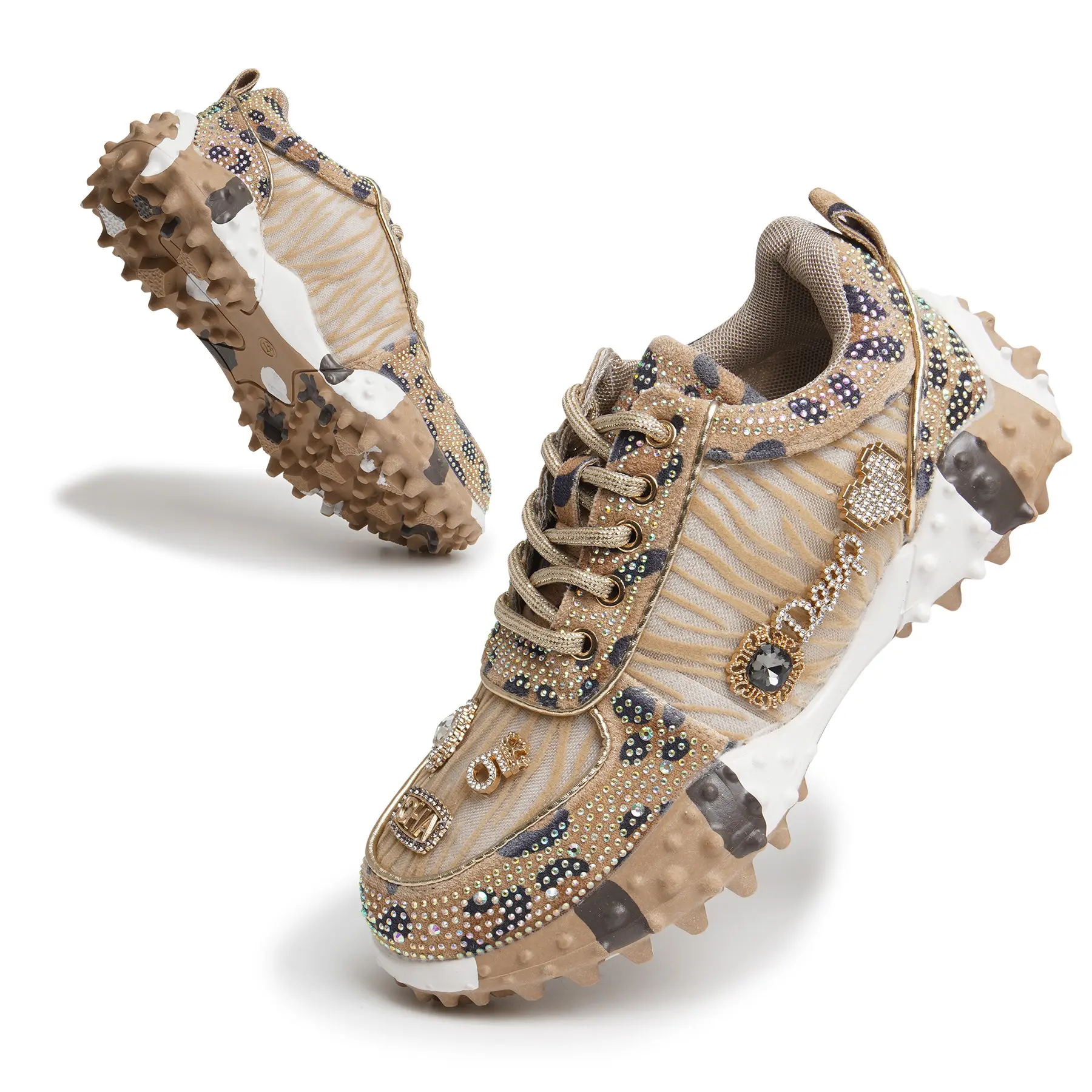 Women's Trendy Sneakers with Tiger Stripes, Crystal Embellished Lace-up with Crown Accent & Star Cutout Rubber Lug Sole, Rhinestone Embellished Sneakers, Wild Stripe Detail, Casual Trendy Sneakers, Rhinestone Sneaker