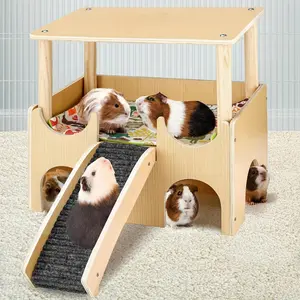 [Wooden Toy Castle with Stairs] 2-Tier Wooden Guinea Pig Hideaway - Spacious Toy Castle with Stairs for Hamsters, Chinchillas, and Rabbits - Colorful Play Area, Easy to Assemble Rabbit Hideout