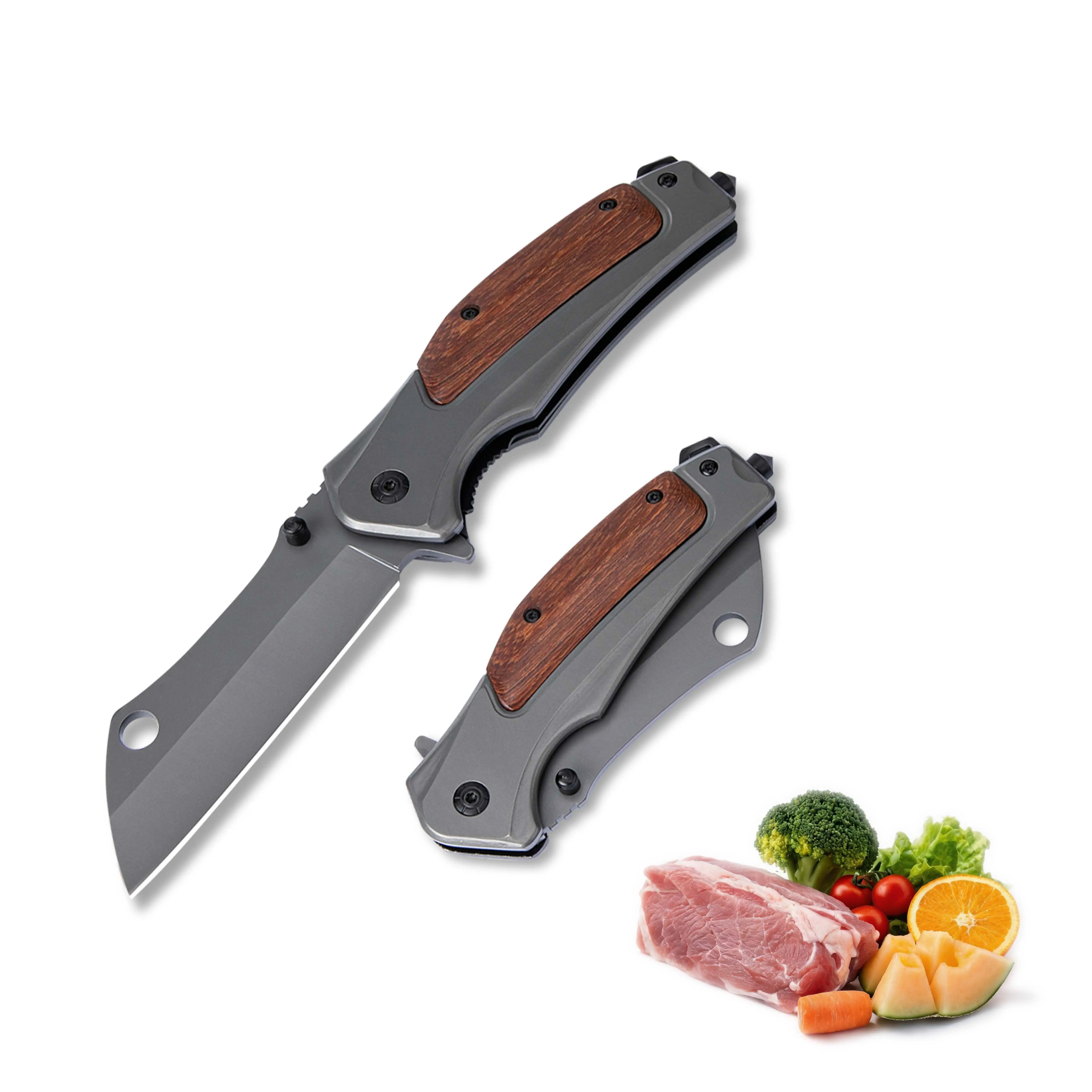 Folding Pocket Utility Knives for Kitchen & Camping, Stainless Steel Wide Blade Prep Tool with a Wood Inlay Metal Handle, Multi Functional Knives, Portable Knives