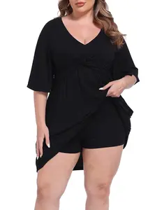 HDE Women's Plus Size Romper Dress Summer Flutter Sleeve Mini V-Neck Boho Dress Romper with Built in Shorts and Pockets outdoorfun
