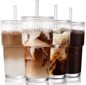 Iced Coffee Cups with Lids: Coffee Bar Accessories - Ribbed Glass Tumbler with Straw and Lid 4Pcs - 20Oz Leak Proof Tumbler - Reusable Glass Cups and Tumblers with Lid and Straws for to Go Iced Coffee DWTS DANWEITESI