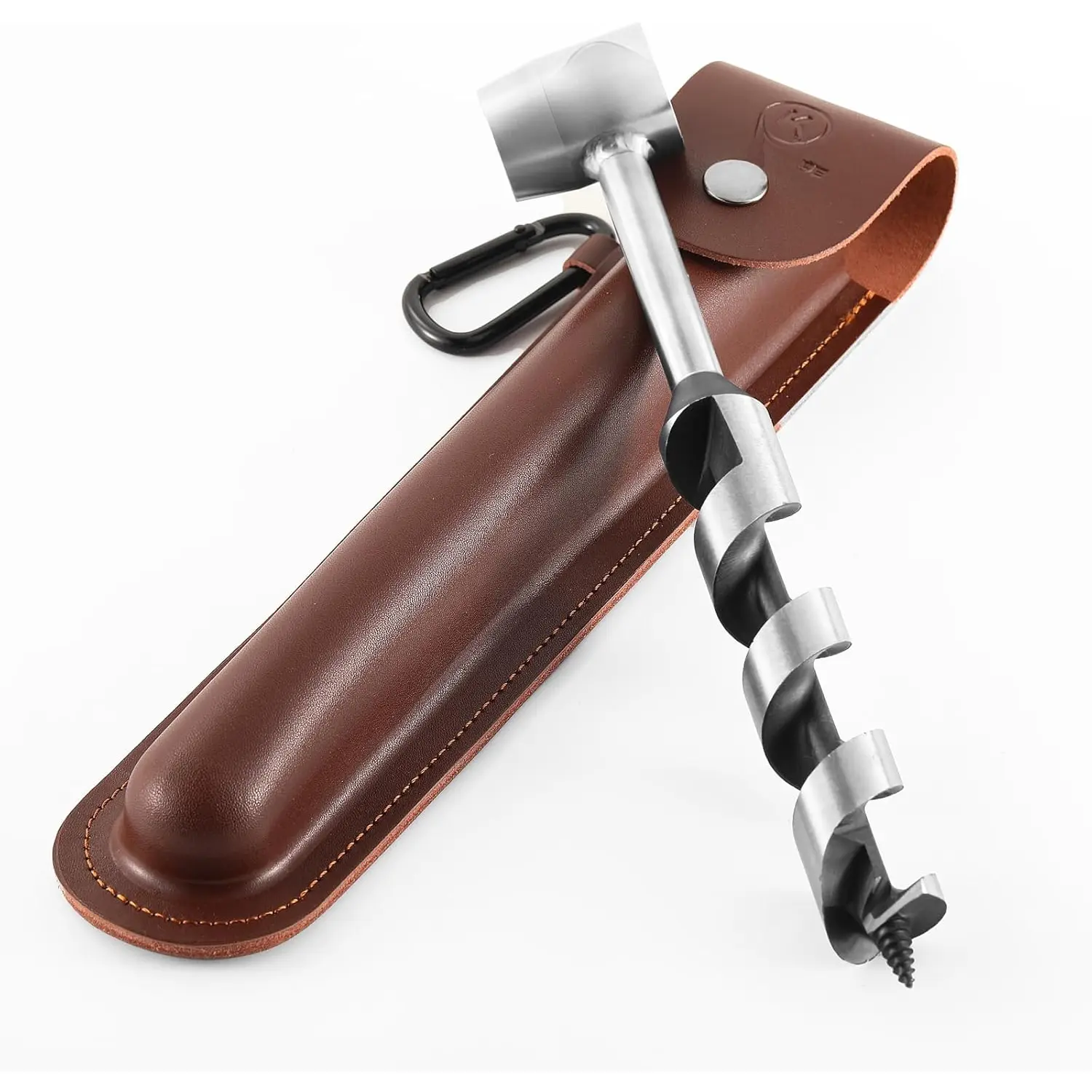 Durable Thick Hand Auger Wrench - Bushcraft Multitool with Comfortable Grip, Good Stitching, Durability and Strength, Brown Leather Case, Settlers Eye Drill Tool for Gardening, Survival Equipment Enthusiasts