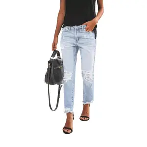 Women's Ripped Mid Waisted Boyfriend Jeans Loose Fit Distressed Stretchy  Distressed Denim Jeans Cropped Capris Pants Basic Fabric