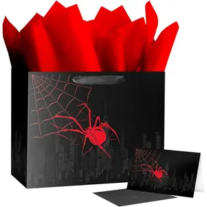 Spider  Bag with Tissue Paper Black Red Design for Boy Birthday Party Spider Theme Halloween Web Decoration