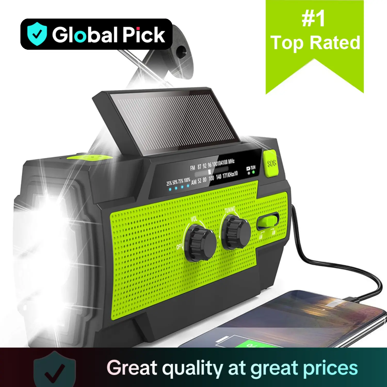 Multifunctional 4000mAh Emergency Crank Radio, Solar Powered Hand Crank Radio with Flashlight & Motion-sensor, Portable Rechargeable AM/FM Weather Rad