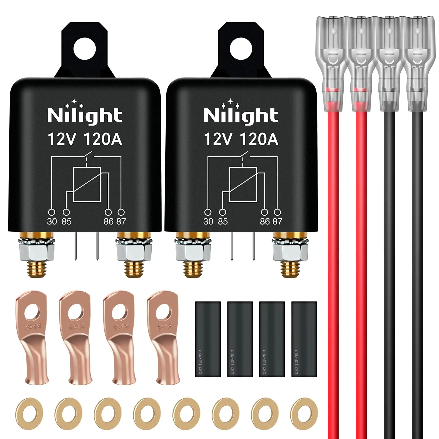 Nilight 2PC 120A Starter Relay 4 Pin Split Relays Switch 12V Continuous SPST High Current 4 Terminal Car Starter Control w/Copper Wire Lugs for Automotive Car Truck Camper