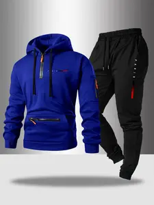 Men's Hot Selling Set, Half-Zip Hoodie & Long Pants, Trendy Pocket Zip Design, Letter Print, Multiple Colors Available