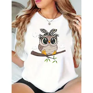 Women's Cute Owl with Leopard Headband Graphic T-Shirt, Casual Fashion Tee for Ladies & Teens, Ideal for Daily Wear, Shopping, or Casual Gatherings 100% Cotton T-shirt