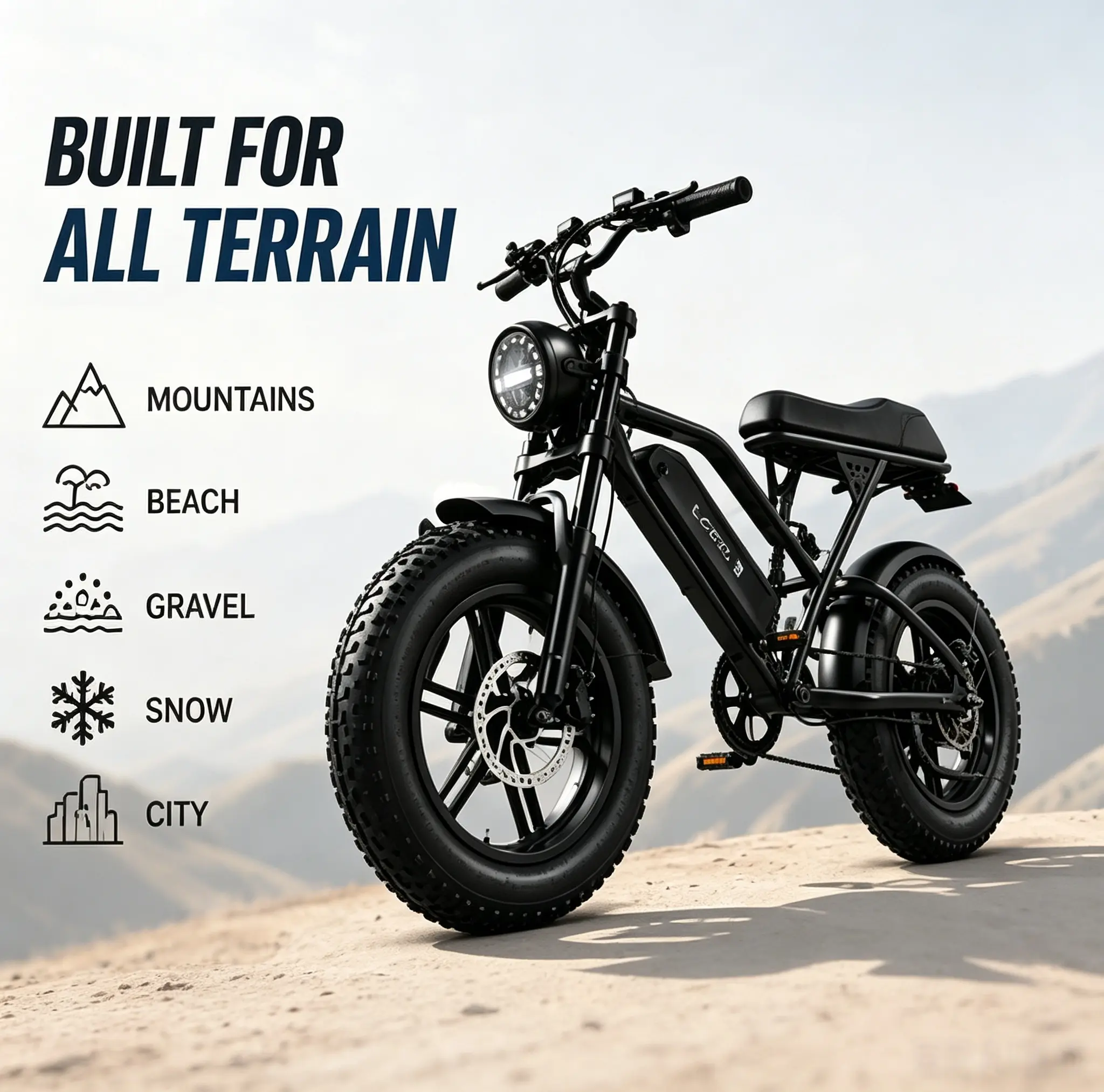 1000W Peak Power, 20 MPH Top Speed, 36V 20Ah Battery, 16x4.0 Fat Tires, Dual Suspension, LED Headlights，electric bicycle.