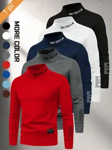 Men's Fall Winter Long Sleeve High Neck T-Shirt, Streetwear Top Fashion Stretchy Comfortable Fitted Letter Print Polyester Blend, Classic Fit