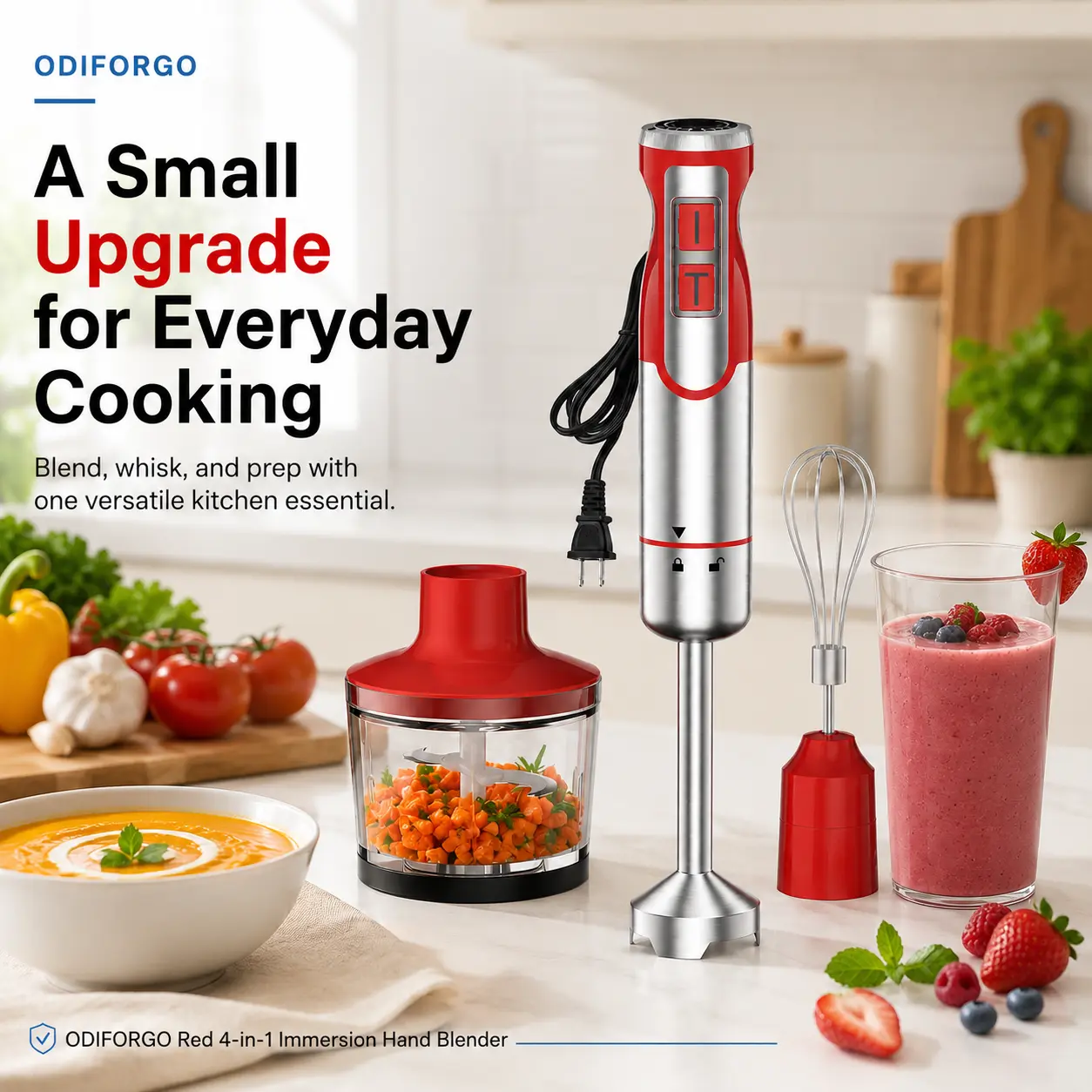ODIFORGO Red 4-in-1 Immersion Hand Blender, 8-Speed Stick Blender with Whisk, Chopper, Beaker and Stainless Steel Blade for Smoothies, Soups and Sauces