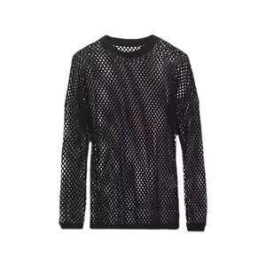 Men's Breathable Mesh Long Sleeve T-Shirt - Fitness & Casual Drop Shoulder Sheer Hollow Out Layering Top, Suitable for Gym, Casual Attire, Round Neck Solid Color Shirt with Hot Transfer Print Technology, Year-Round Layering Essential