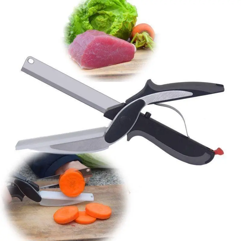 2 in 1 Kitchen Scissors for Food – Stainless Steel 9.5" Tomato Knife Chops Vegetables, Fruit, Cheese, Meat in Seconds | Dishwasher Safe Cutting Board Scissors with Safety Lock – Mess-Free Prep