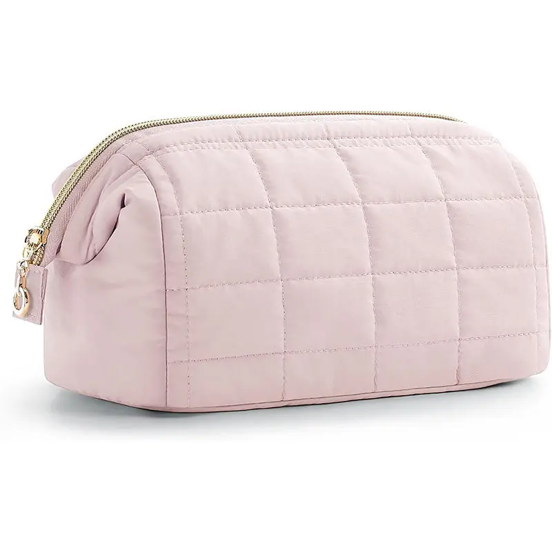 Women's Cushioned Pink Nylon Makeup Artist Bag - Puffy Wide-Open Travel Beauty Bag for Vanity Organization, Toiletries, Accessories, Brushes, Great for Travel Days