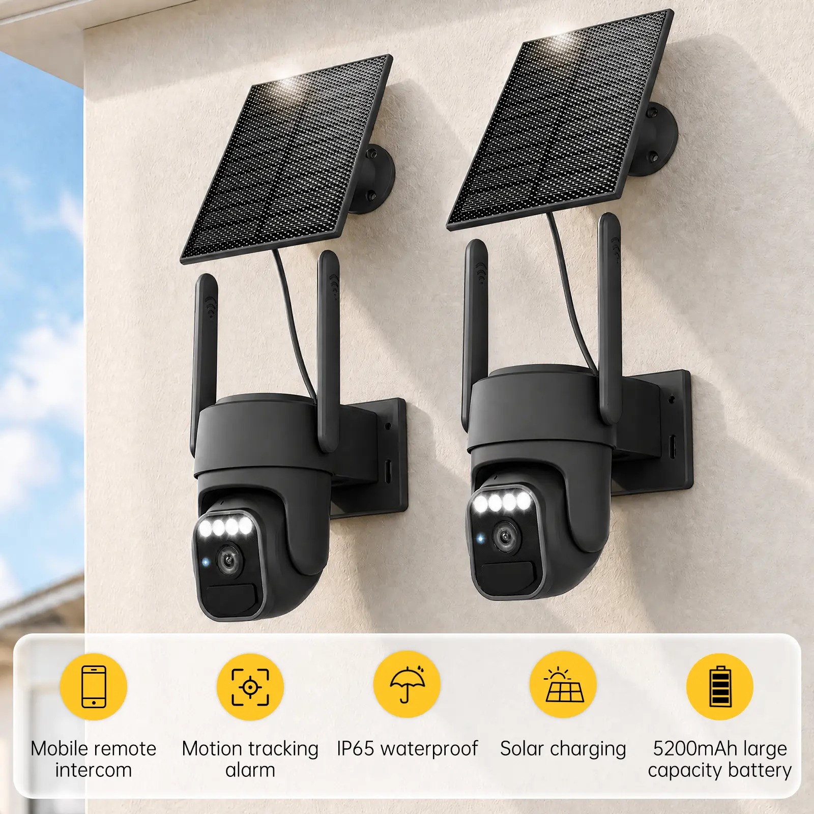 2.4GHz WiFi Solar Wireless Cameras for Home Security, Wire-free Installation, AI Detection, Two-way Audio, Mobile alerts, SD/Cloud Storage, Color Night Vision, 2 Packs
