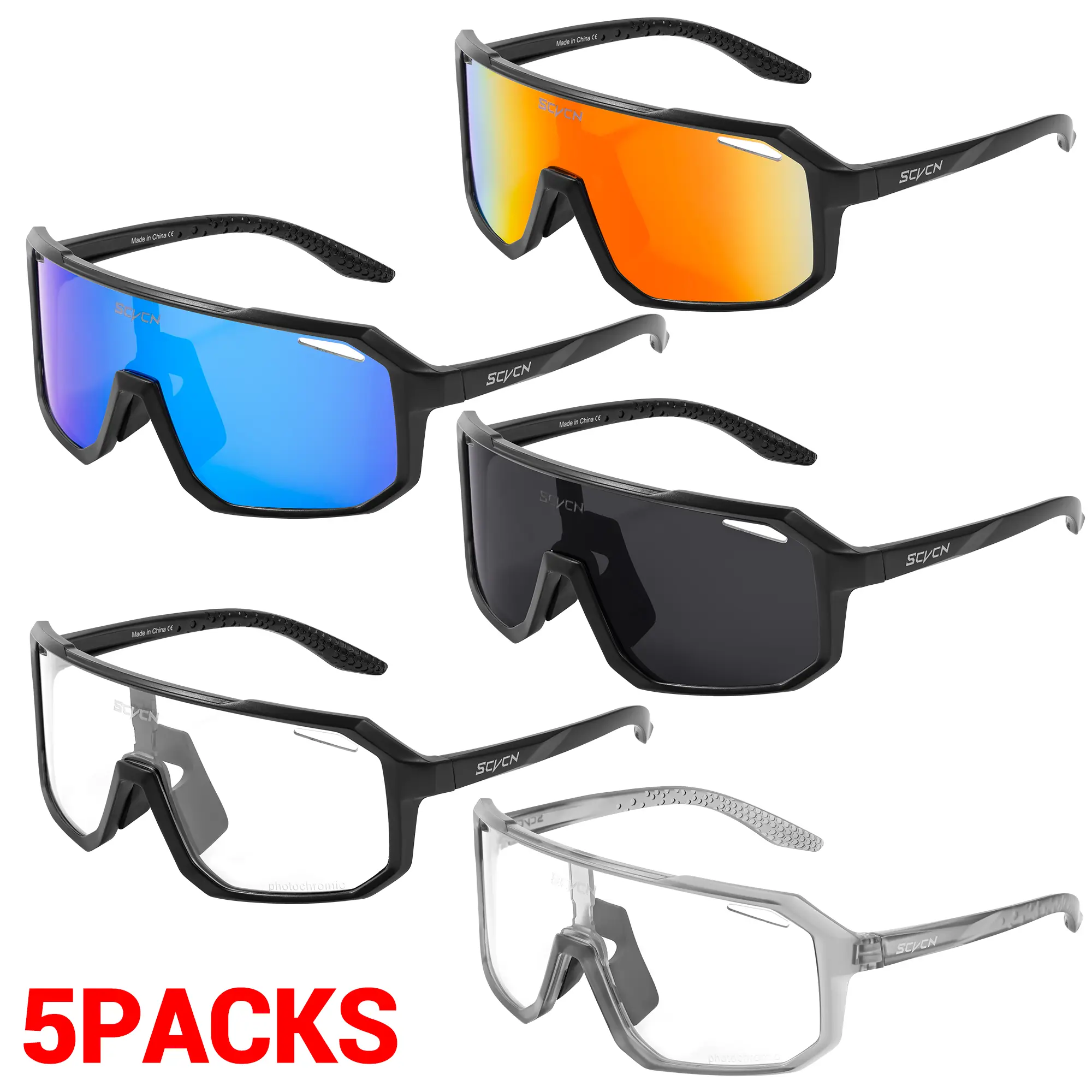SCVCN 5-Pack Men's Photochromic Cycling Sunglasses - Full-Rim Cycling Frames, UV400 Sun Protection, 2 Pairs Photochromic Glasses, 3 Pairs Colored Glasses, Outdoor Sports Eyewear for Biking, Motorcycle Use, Bikes, Color Changing