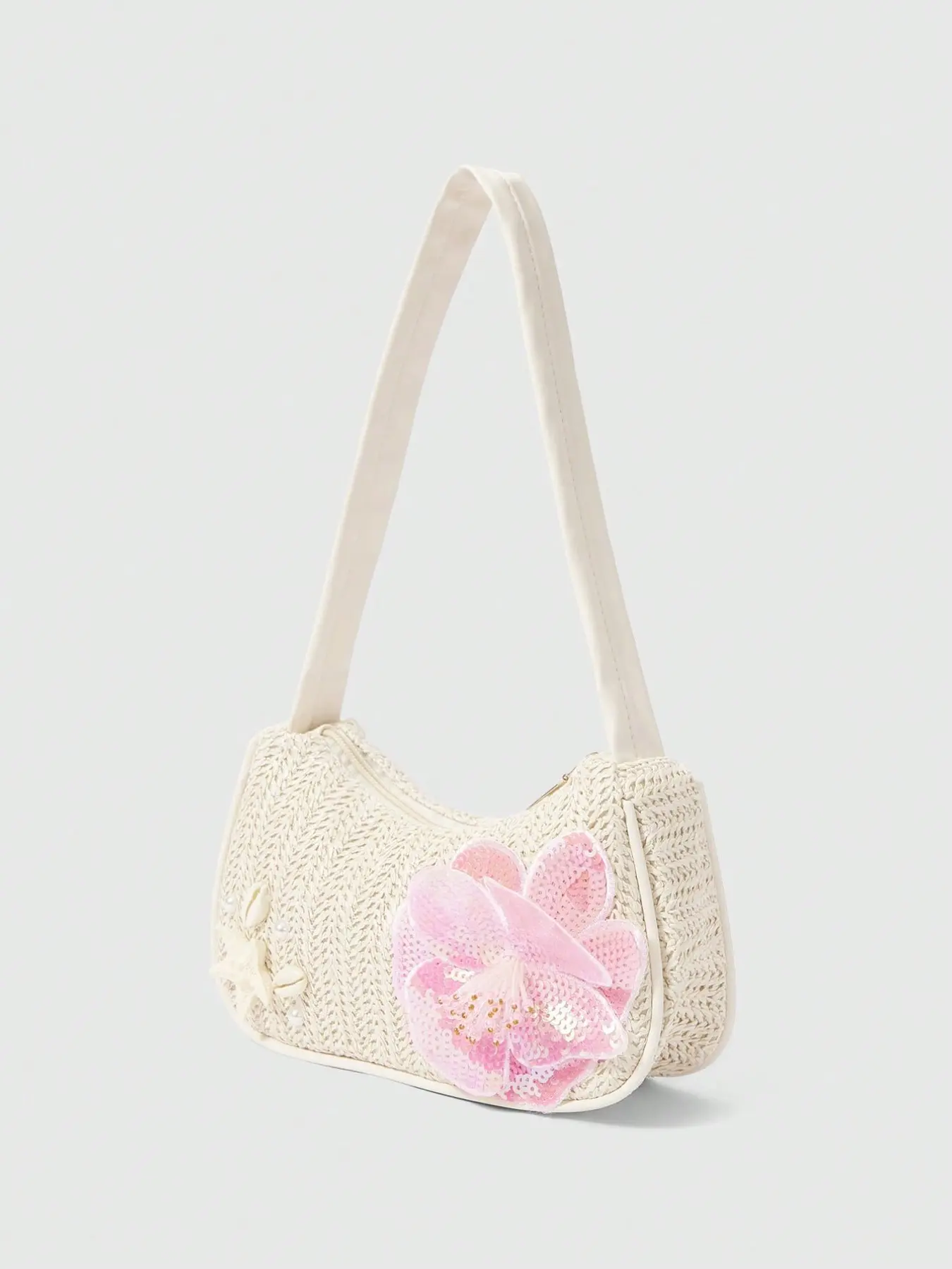 Bohemian Style Straw Shoulder Bag, Handmade Beaded Sequins Hibiscus Shell DIY Decor, Handcrafted Bag, Perfect for Vacation/daily Use, All Seasons, Boho Shoulder Bag