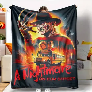 Elm Street Nightmare Flannel Blanket, Horror Movie Icon Print, UltraSoft, Lightweight, Cozy, Perfect for Halloween Night, Movie Marathon, Spooky Season Decoration, Dorm Room, Living Room, Gift for Horror Fans