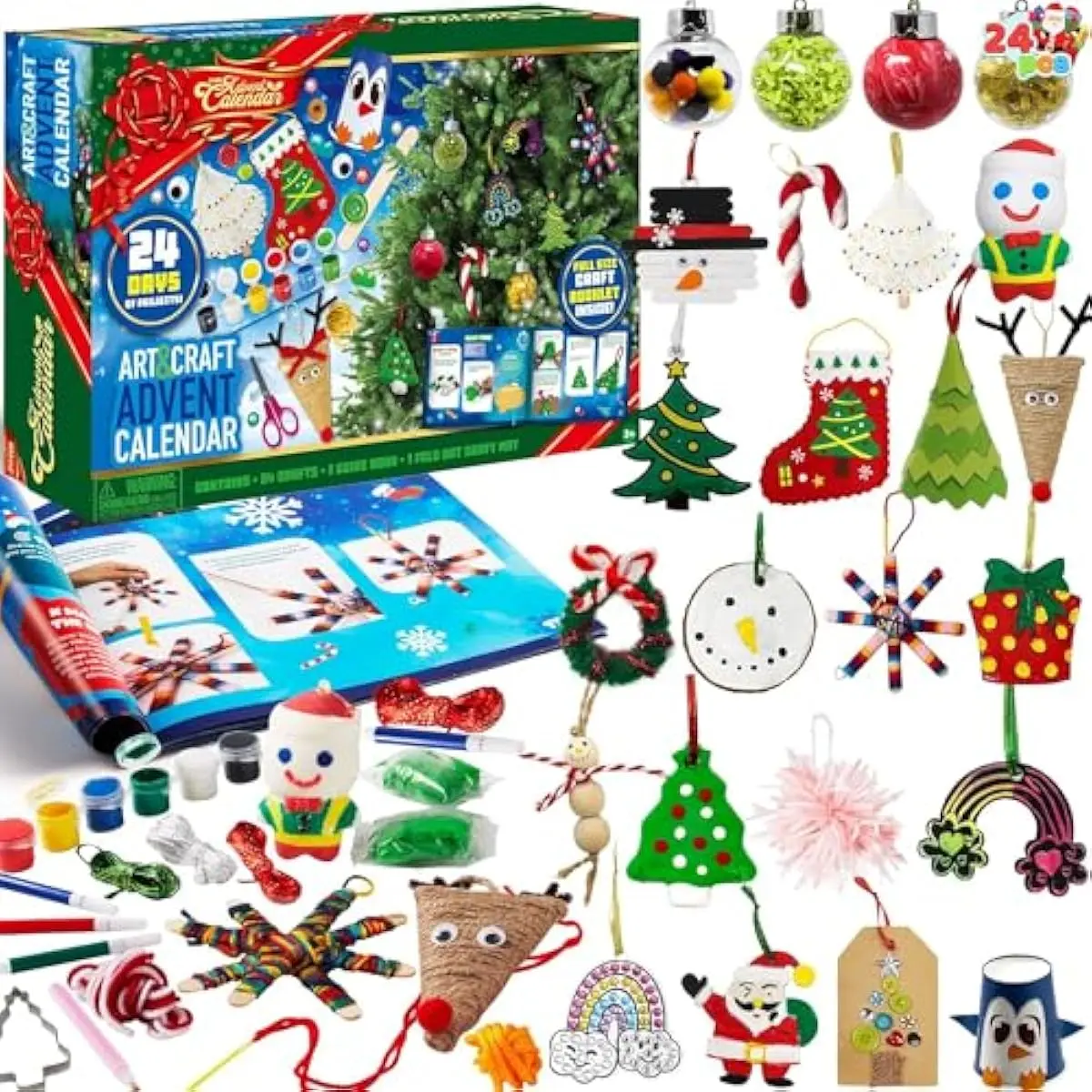 2025 Christmas Art & Craft Advent Calendar, 24 Days Christmas Countdown, Kids DIY Crafts with Children's Scissors Glue Lanyards Paint Watercolor Pens for Xmas Party Favor Gifts