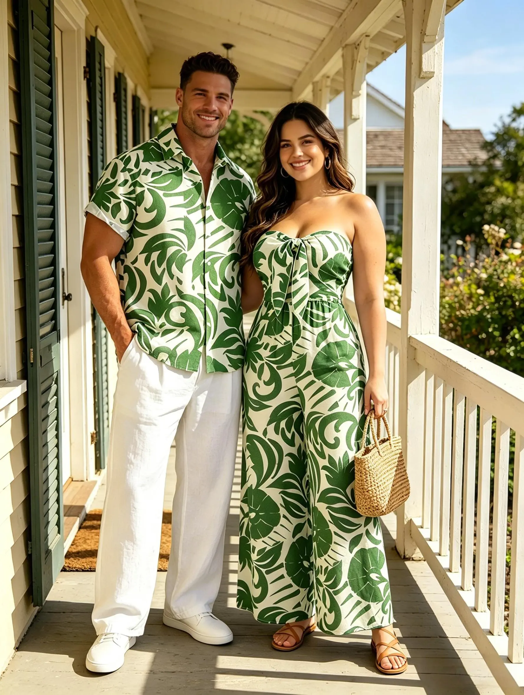 Vacation Couple Outfit Botanical Leaf Print Bowknot Off the Shoulder Jumpsuit and Shirt Set