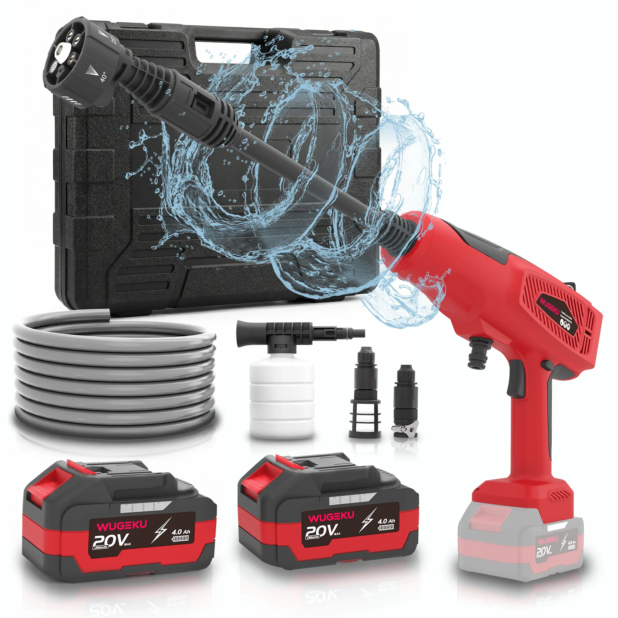【DealsForYouDays】WUGEKU Cordless Pressure Washer Sprayer Full Set, Copper Brushless Motor, Portable 20V Electric Cleaner with 2x 4.0Ah Batteries, 6-in-1 Nozzle, Foam Cannon for Car Detailing, Exterior Wash