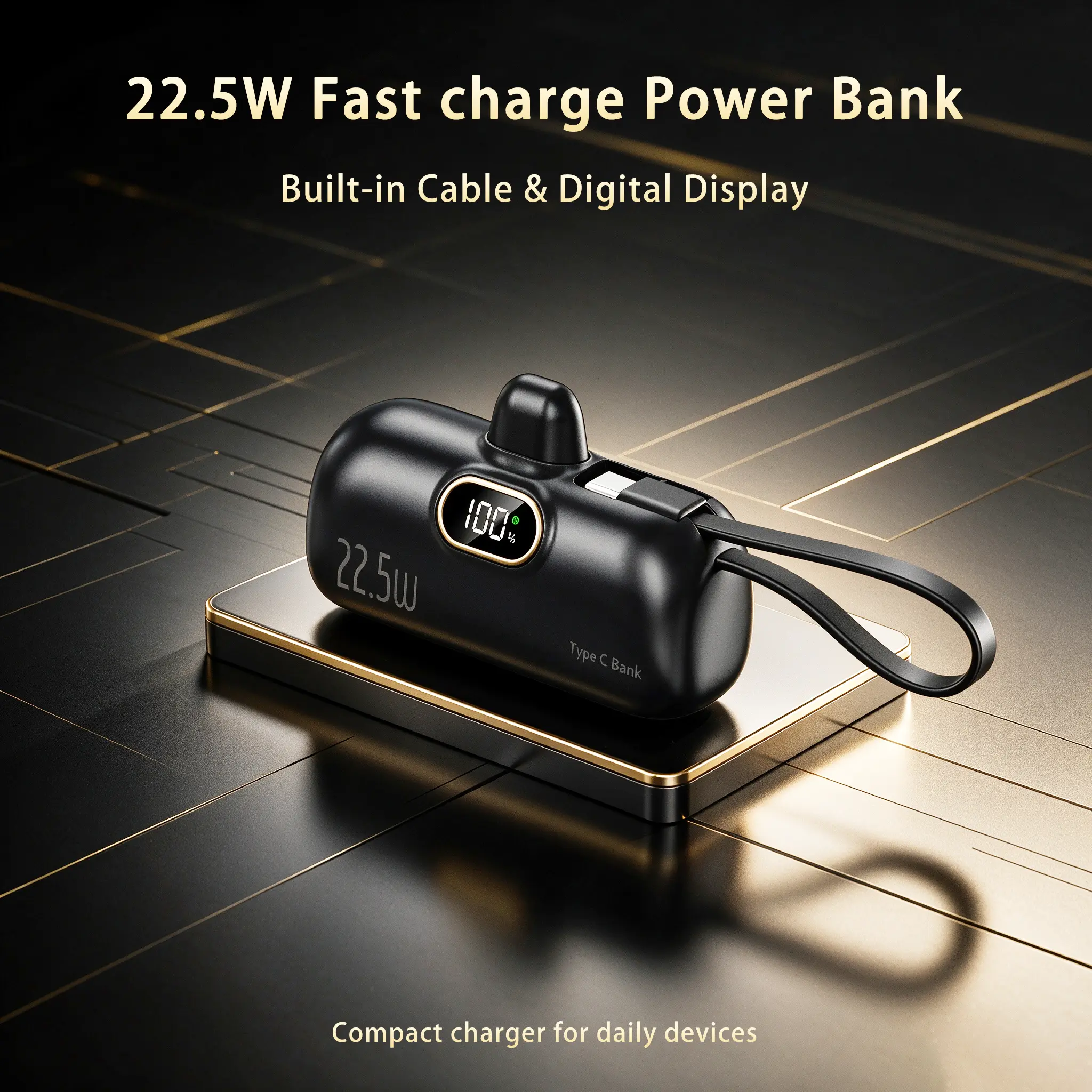 22.5W Pocket-Sized Power Bank with Built-in Cable & Digital Display, Portable Phone Charger for Daily On-The-Go Use tech gift