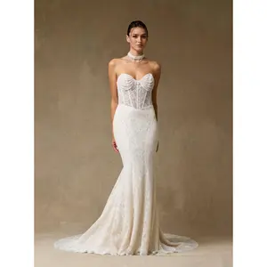 Strapless Lace Mermaid Wedding Dress with Sheer Corset Bodice and Pearl Detail – Fitted Modern Bridal Gown