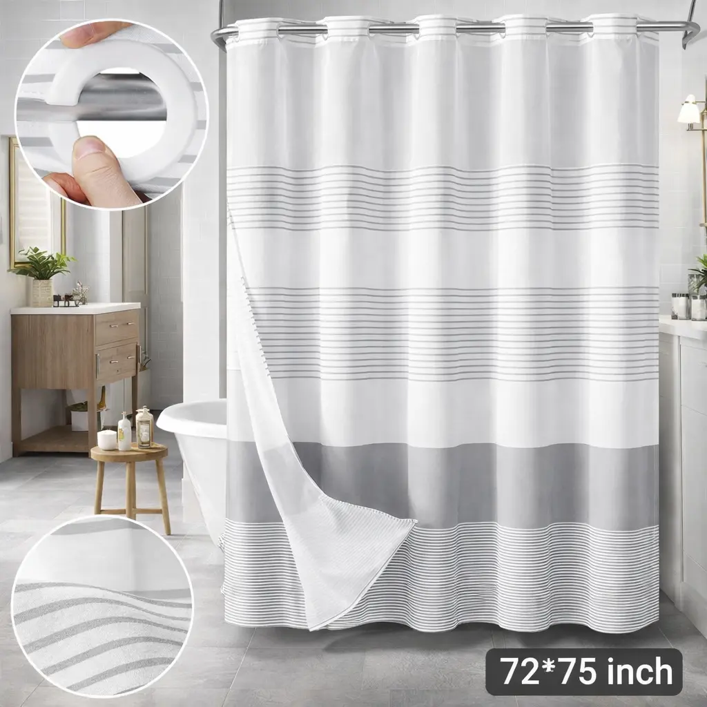 Grey Striped Geometric Double-Layer No Hook Shower Curtain, Mesh Top Window, Hook-Free Design, Easy Installation, Farmhouse, Hotel, Modern Home Decoration, 72x75in