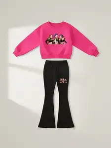 Girls Kpop Demon Hunters Set, Cartoon Pattern Long Sleeve Tee & Comfortable Bell Bottoms, Spring Fall Casual Fitted
