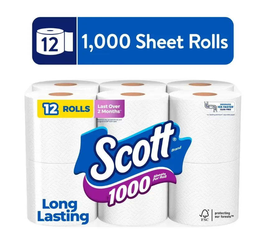 Scott 1000 Toilet Paper, 12 Rolls, 1,000 Sheets per Roll