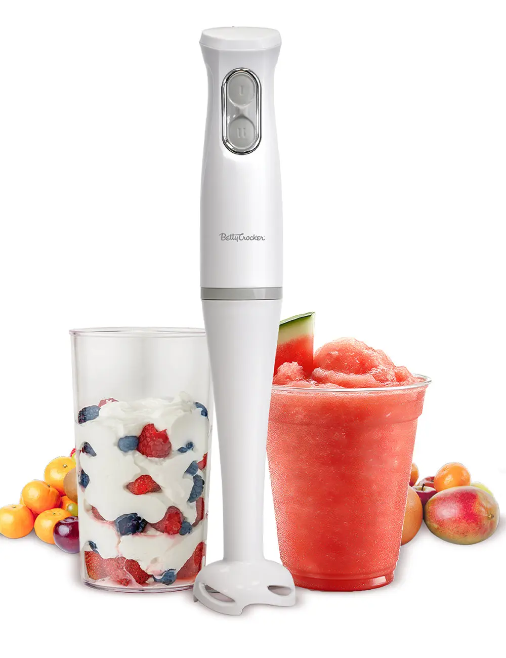 Betty Crocker 2-Speed Hand Blender with 20-Ounce Mixing Beaker, Immersion Blender, 300W Motor 450W Peak Power, Soft-Touch Pulse Control, Stainless Steel Blade, BPA Free, BC-4307W, White