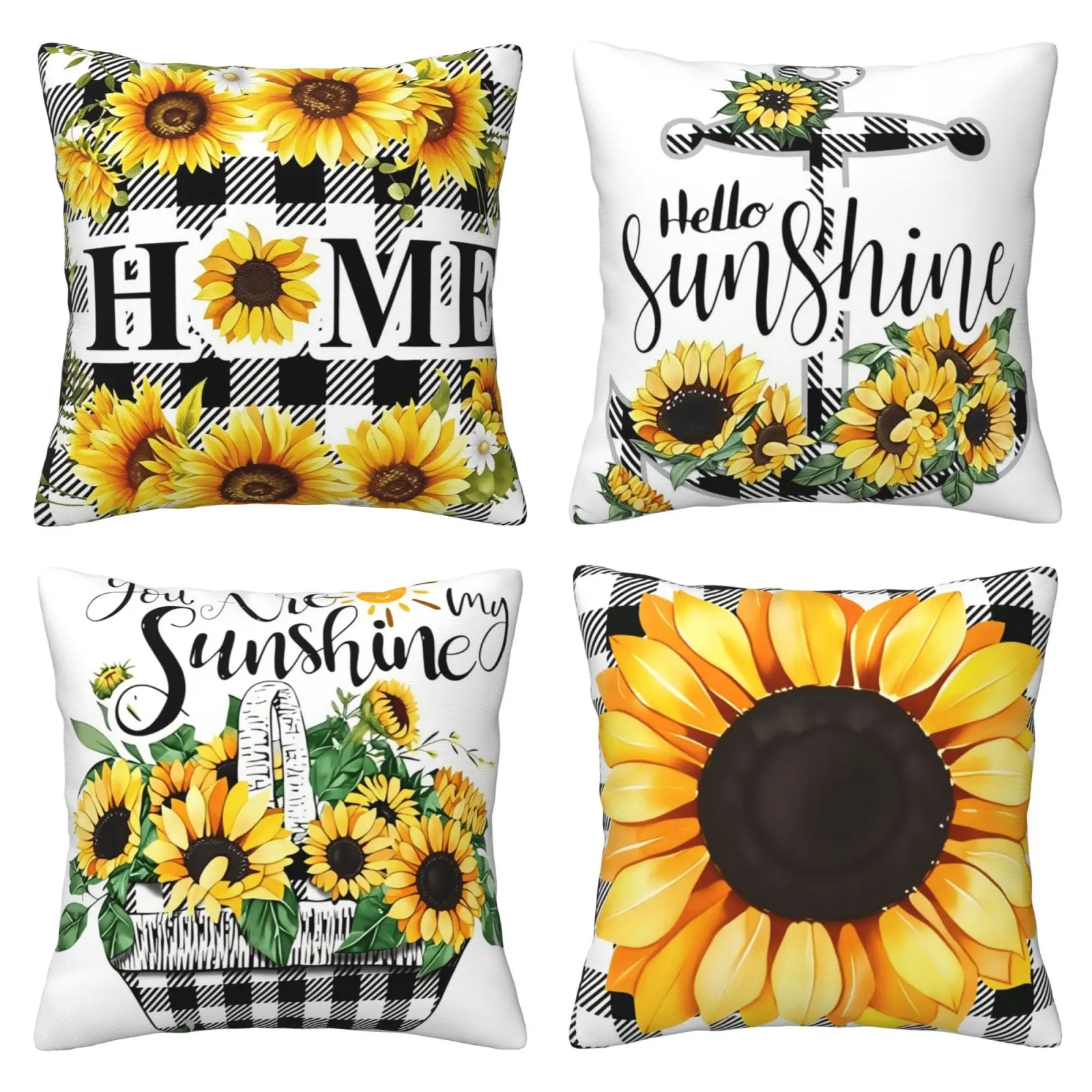 Spring/Summer Pattern Pillow Cover, Sunflower Pillow Cover Decoration, Sunshine Black Grid, Suitable for Outdoor Farmhouse Sofa, Indoor Home Decoration 4-piece Set with Double sided Printing, Home Textile, Bedroom Decorative Accessories