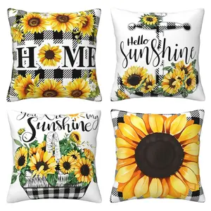 Spring/Summer Pattern Pillow Cover, Sunflower Pillow Cover Decoration, Sunshine Black Grid, Suitable for Outdoor Farmhouse Sofa, Indoor Home Decoration 4-piece Set with Double sided Printing, Home Textile
