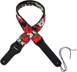 Guitar Strap/Bass Strap, Cotton Belt for Acoustic/Electric/Bass Guitar with Plectrum Picks Pocket, Beautiful Rose with Cool Skull Pattern, 5cm Wide