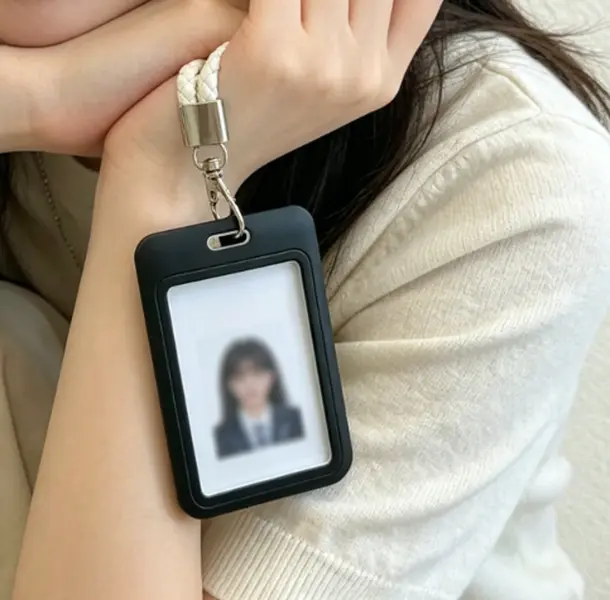 1PC Stylish Minimalist ID Card Holder with Adjustable Wrist Strap & Keychain, Durable Plastic Push-Pull Clip Photo Card Holder, Scratch Resistant Card Protector for Students, Women, Campus and Office