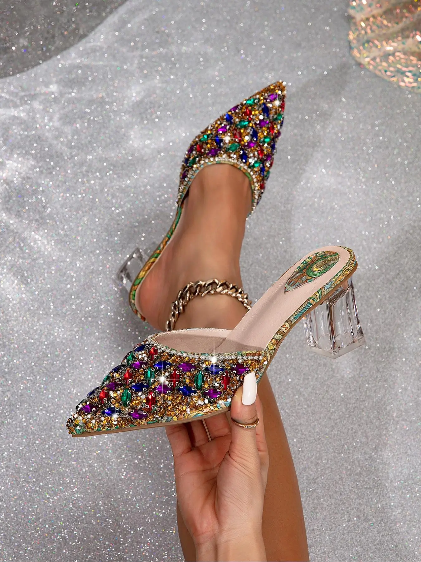 Women's Fashionable Rhinestones Decorated High Heel Sandals, Fancy Sandals， Unique Sandals， Elegant Transparent Chunky Heeled Sandals for Party, Daily Clothing Decor for Women, Summer Footwear, Girl, Glitter Decorated Sandals, Elegant Pointed Toe